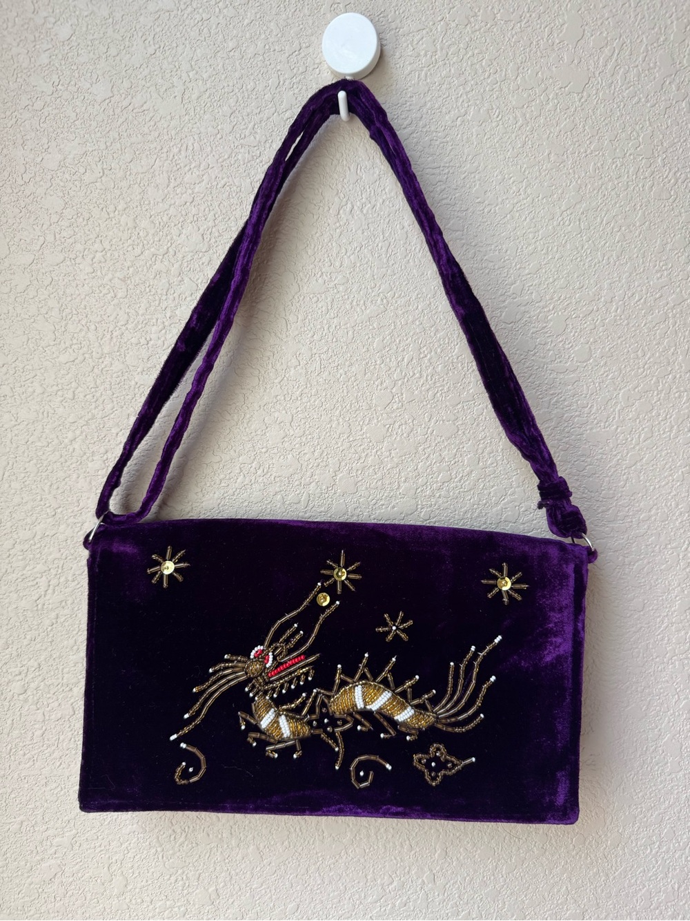 Beaded Dragon Purple Velvet Embellished Shoulder Bag Clutch